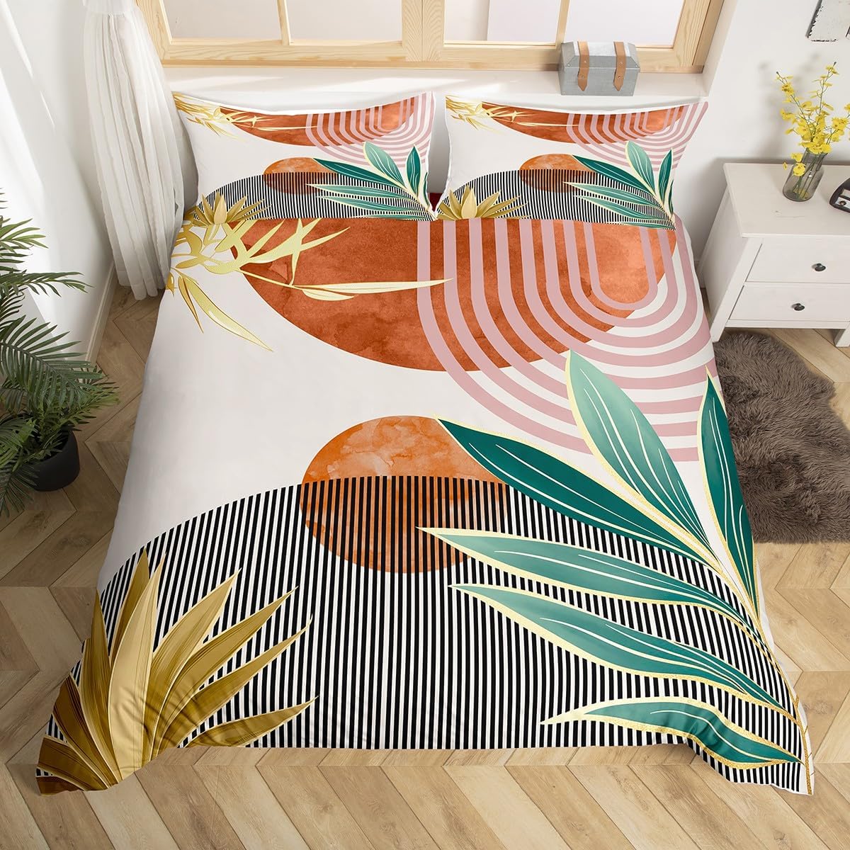 Erosebridal Mid Century Boho Comforter Cover Queen Size Abstract Art Simple Duvet Cover,Minimalist Tropical Palm Leaves Bedding Set Modern Bohemian Aesthetic Bed Set,Green Gold