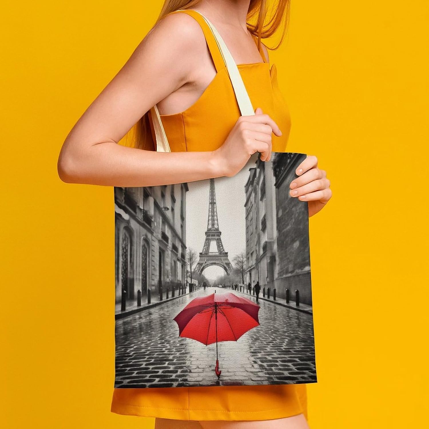 Canvas Tote Bag 16x15 In Lightweight Foldable Shoulder Hobo Purse | Eiffel Tower Paris Umbrella, Casual Tote 10" Strap, Everyday Carryall, for Travel Work Grocery Shopping Beach Mark Gym Yoga