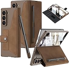 CUBTEM Coque pour Samsung Galaxy Z Fold 6 avec Emplacement et Support pour S Pen, Emplacement pour Carte, Housse en Cuir à Charnière Magnétique, pour Protecteur d'écran Absorbant Les Chocs, Marron