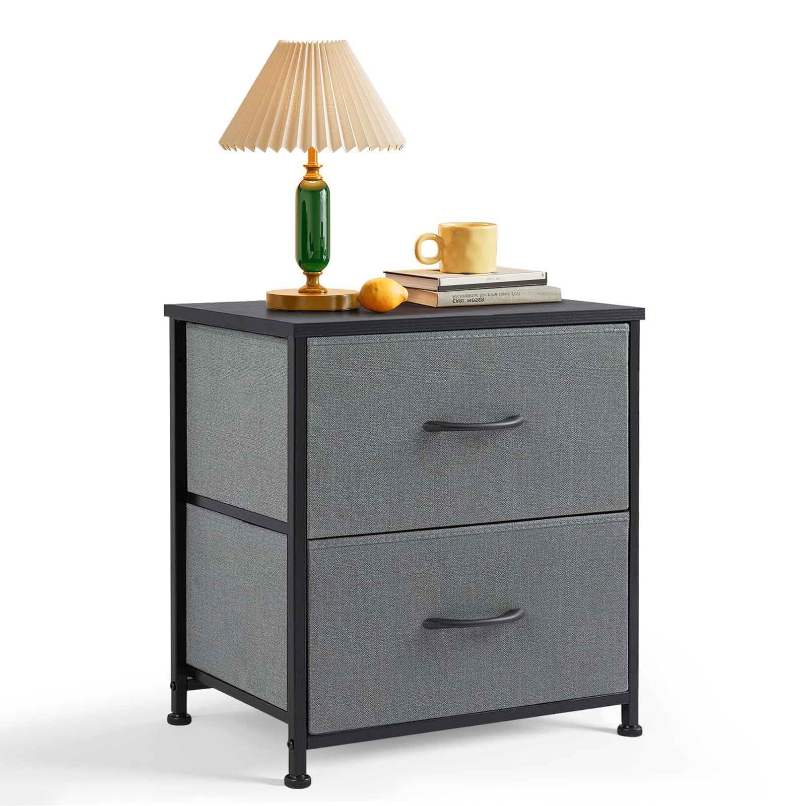 Nightstand, Small 2 Drawer Dresser End Table Bedside Furniture, Wooden Top Fabric Bins for Bedroom, Closet, Entryway, Dorm, 11.8" D x 18" W x 20",