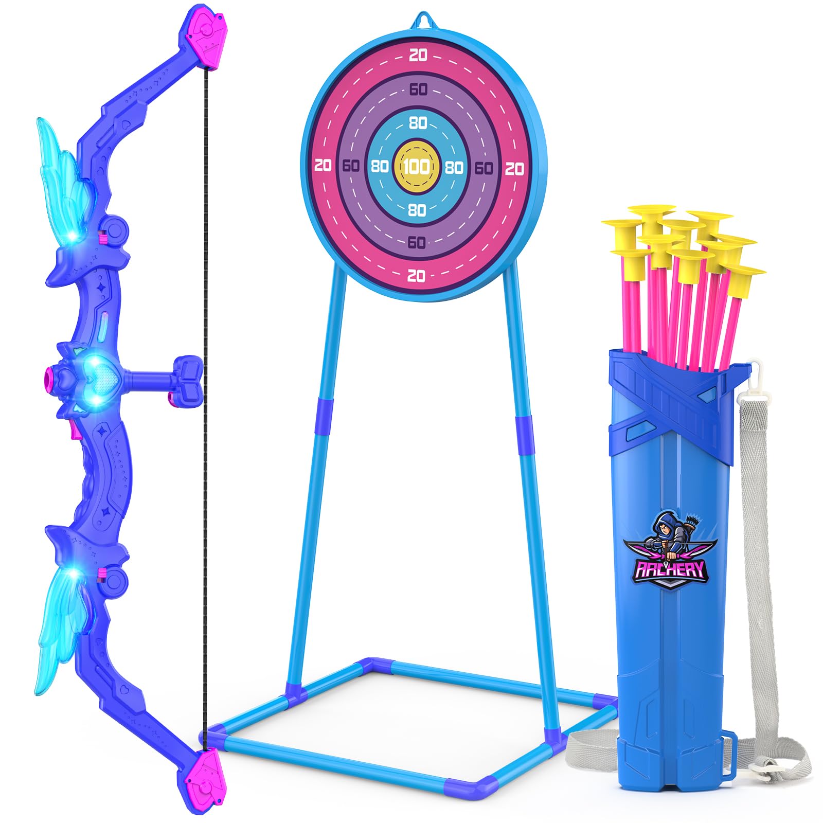 Kids Bow and Arrow Toy, Angel Light Up Archery Set W/ 10 Suction Cup Arrows, Targets & Quiver, Outdoor/Indoor Games for Kids Ages 4-7 8-12, Birthday Gifts for 4 5 6 7 8 9 10 11 12 Year Old Boys Girls