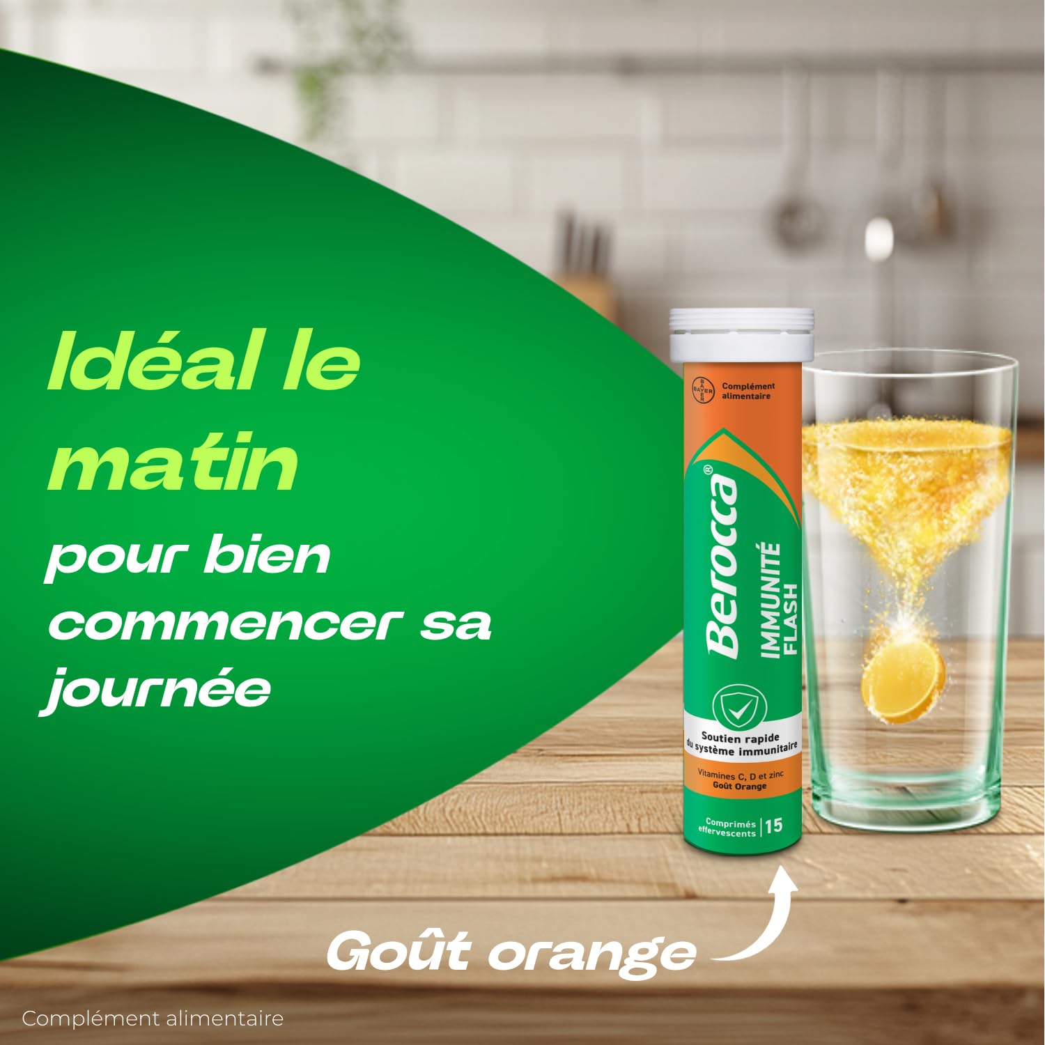 Berocca Immunité Flash - Soutient Système Immunitaire - Complément Alimentaire Immunité - Zinc, Vitamine D & C - Multivitamines et Minéraux - Goût Orange - Maxi Format 60 Comprimés Effervescents