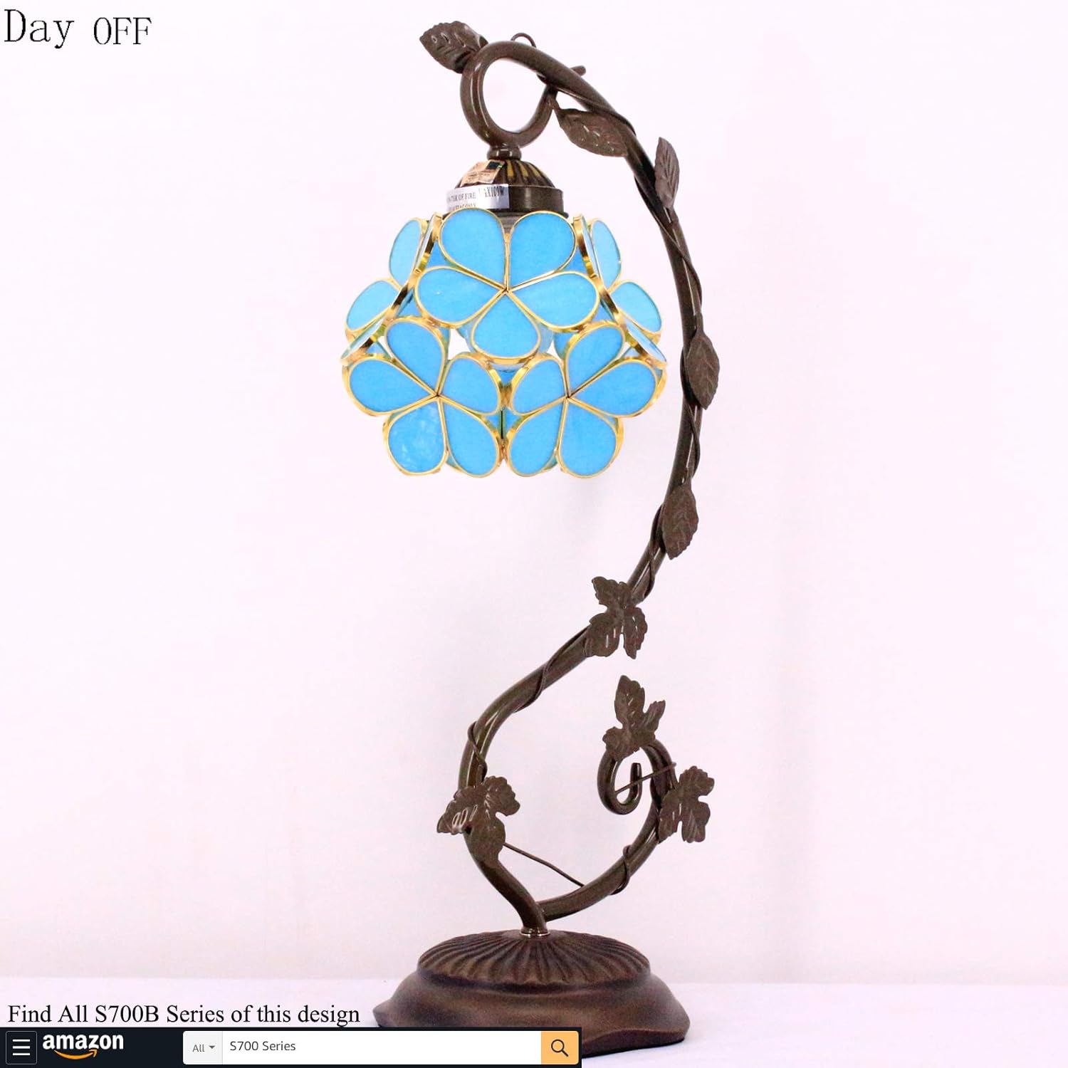Onе-Dау Sаlе: Uр tо 50% оƒƒ Bedside Tiffany Table Lamp Stained Glass Reading Desk Light Blue Petal Copper Style Metal Leaf Thin Base 21 Tall for Small Space Living Room Bedroom Memory Lamp Sympathy WERFACTORY LED Bulb Included