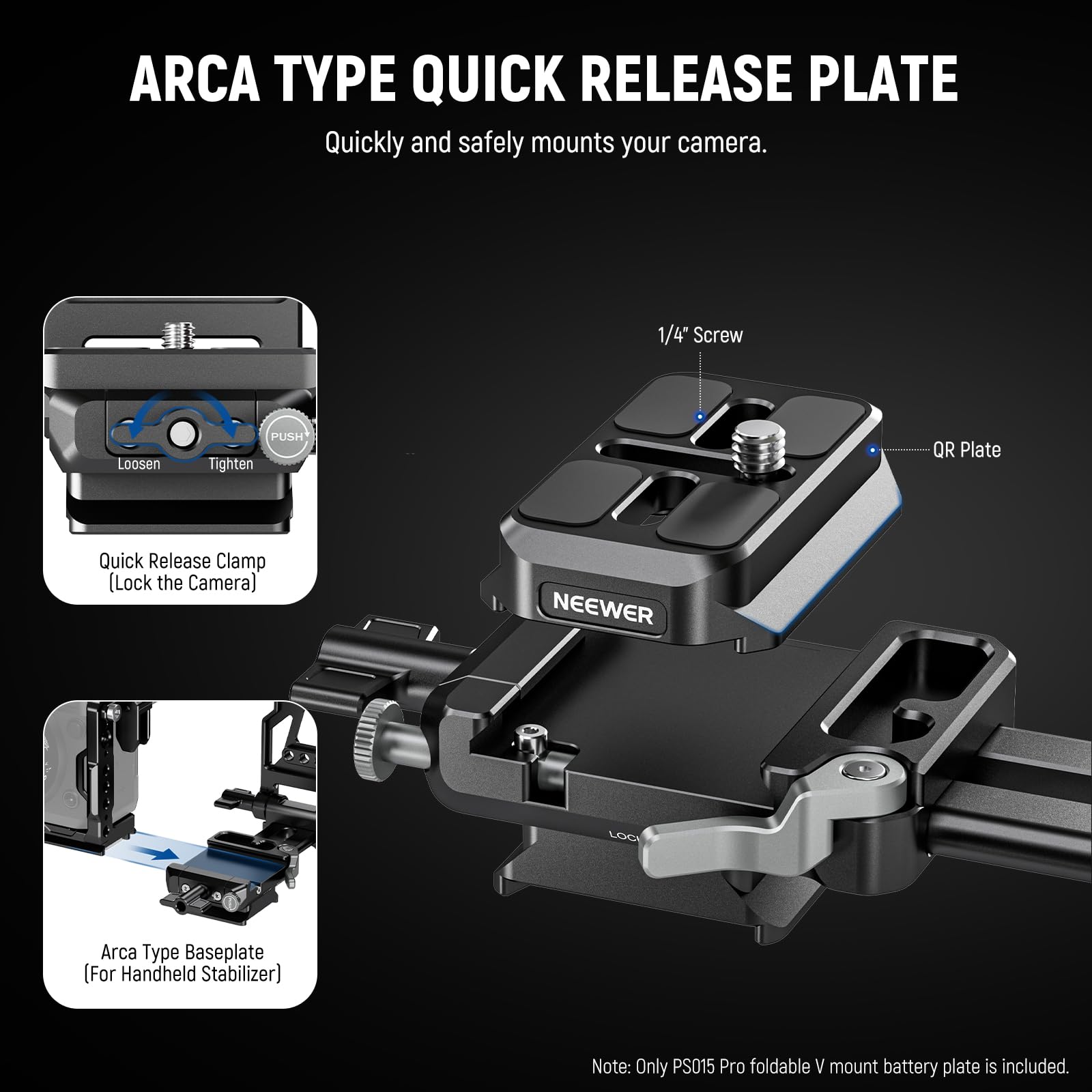 NEEWER Plaque Pliable pour Batterie V Mount et Plaque Base Type Arca Dégagement Rapide, Rig Vidéo Léger pour Caméra DSLR Compatible avec SmallRig Batterie V Mount DJI RS4 RS3 Stabilisateur, PS015 Pro