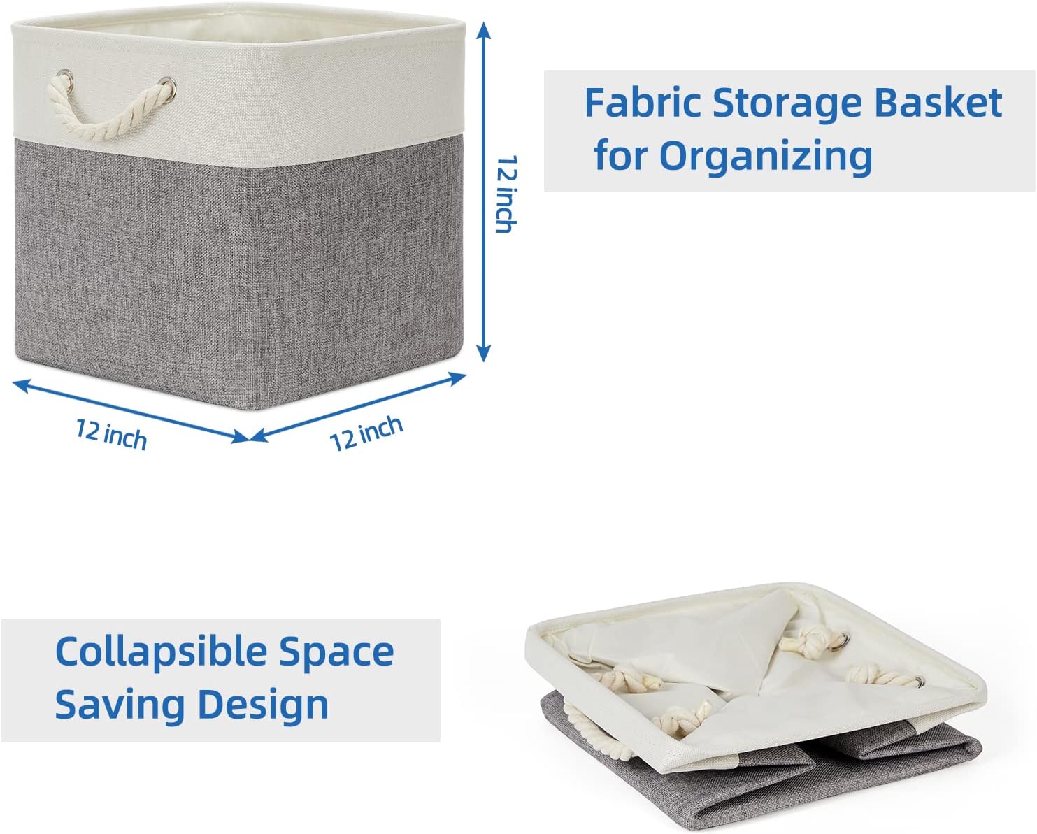 Temary Fabric Baskets 12 Inch Storage Cubes Basket with Handle, Clothes Baskets for Gift, Large Bins for Organizing Books, Blankets (White&Gray)