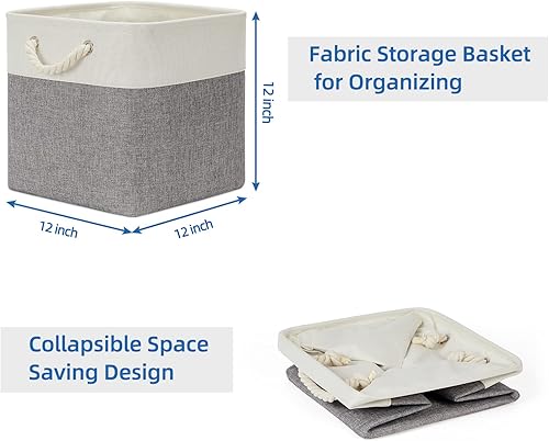 Miniatura 7 de Temary Cestas de Tela de 12 Pulgadas Cubos de Almacenamiento con Asa, Cestas de Ropa para Regalo, Contenedores Grandes para Organizar Libros, Mantas