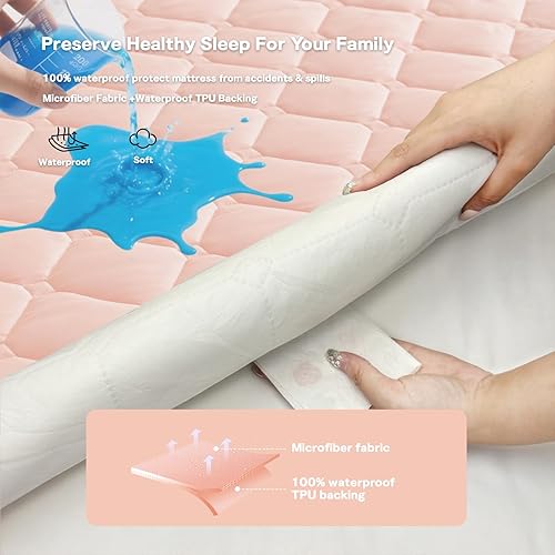 Miniatura 2 de Protector de colchón impermeable tamaño Queen, funda de colchón acolchada con bolsillos profundos elásticos de 17 pulgadas, bordes elásticos,