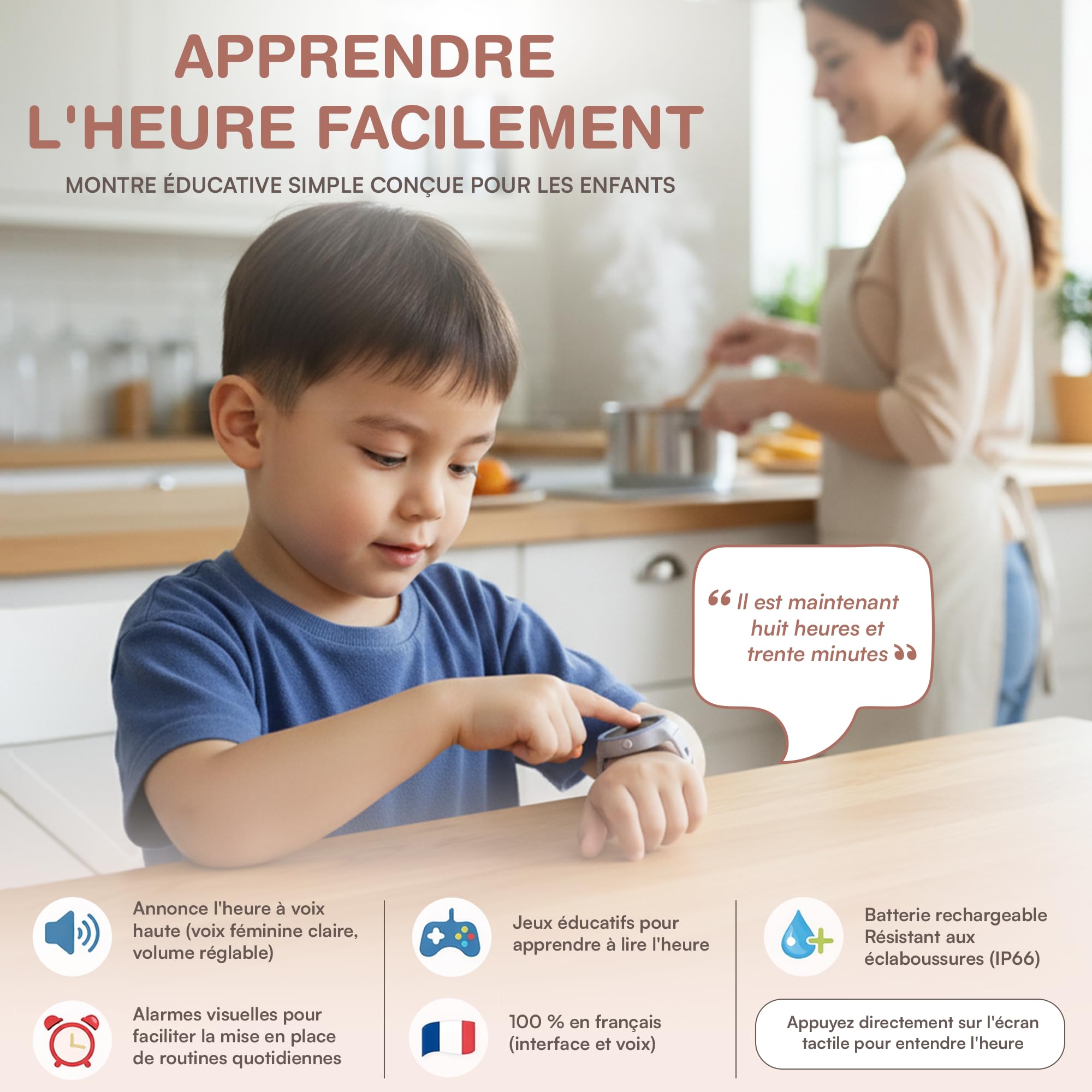 Montre Enfant Fille ou Garcon, Montre educative, Montre Parlante – Apprendre l’Heure Facilement – Jeux éducatifs – Alarmes routines – Keylearn Watch