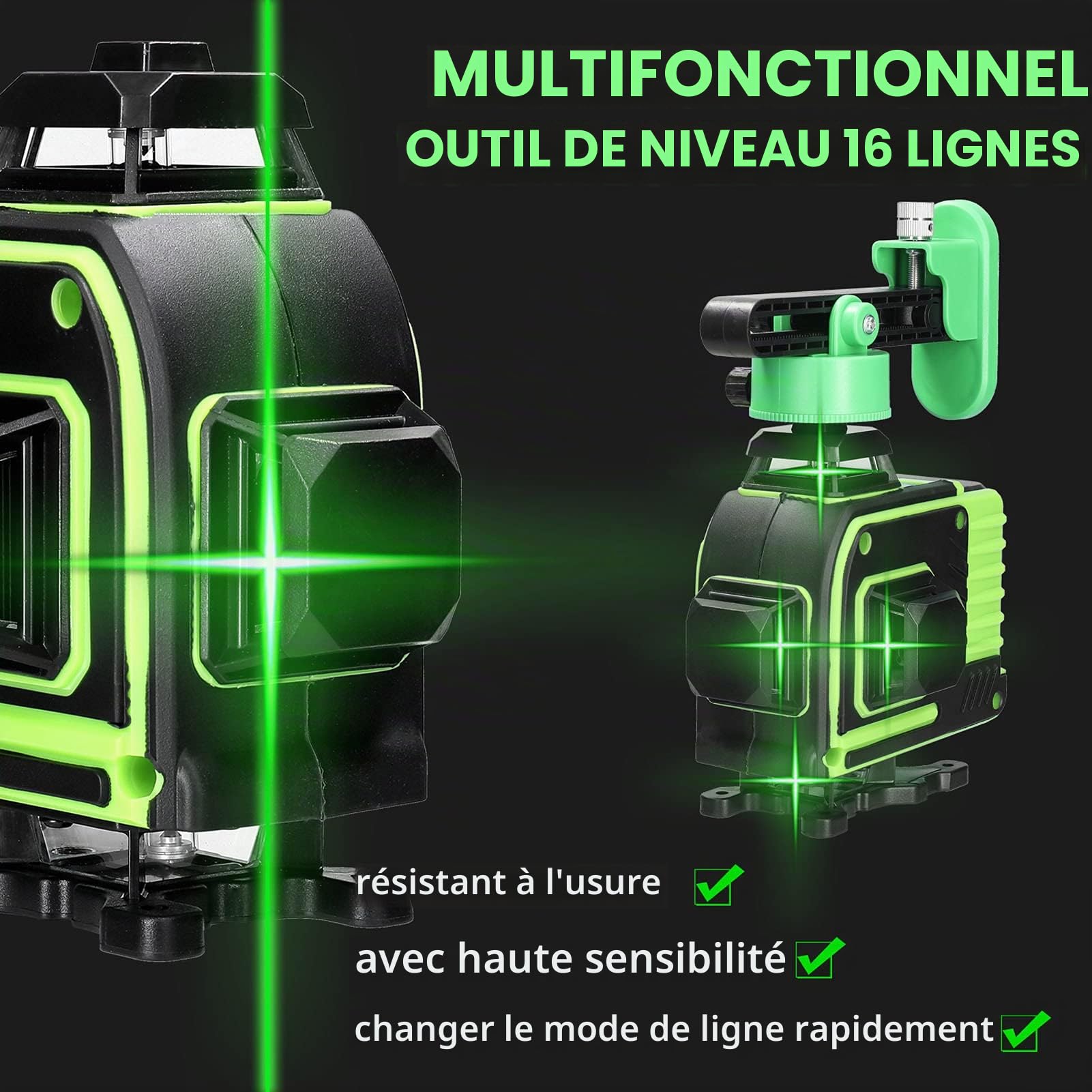 Niveau Laser 360 4D 16 Lignes avec D'auto-Nivellement de 3° du Niveaux à Bulle Laser Vert Rotatif IP54 2xBatteries Rechargeables Outil de Niveau Laser en Croix Verte Vertical Horizontal