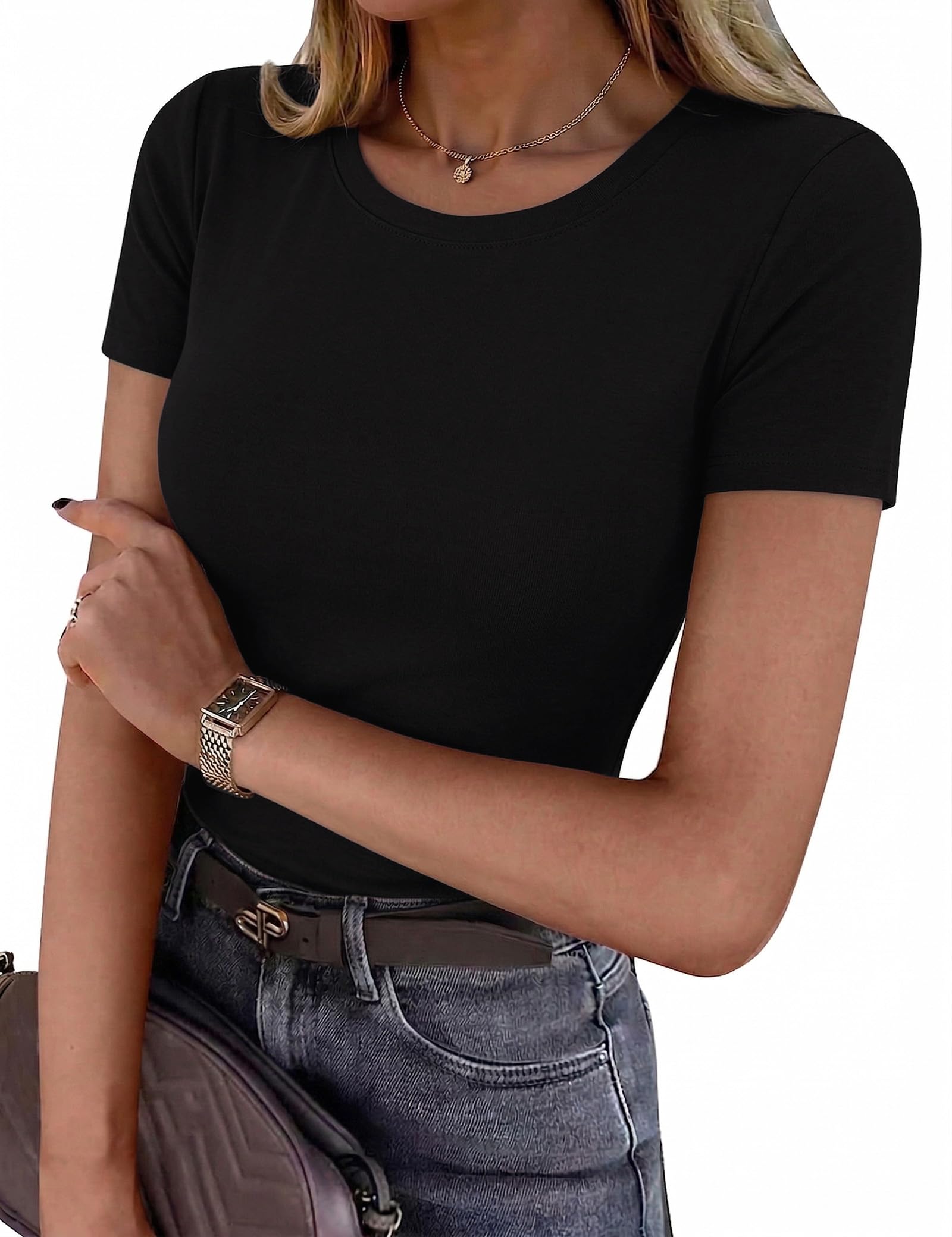 Totatuit Damen T-Shirt Rundhals Sommer Oberteile Kurzarm Basic Tee Shirts Elegant Slim Fit Tshirt Stretch Tops Einfarbig