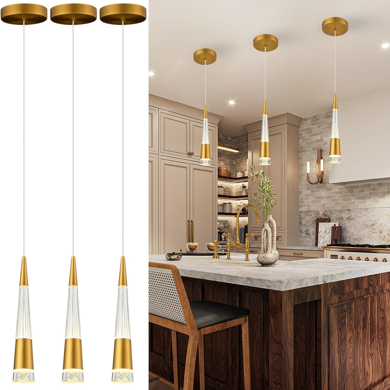 GREMLBUK Gold Pendant Kitchen Island Lighting 3 Pack, LED Modern Hanging Pendant Light Fixtures ...