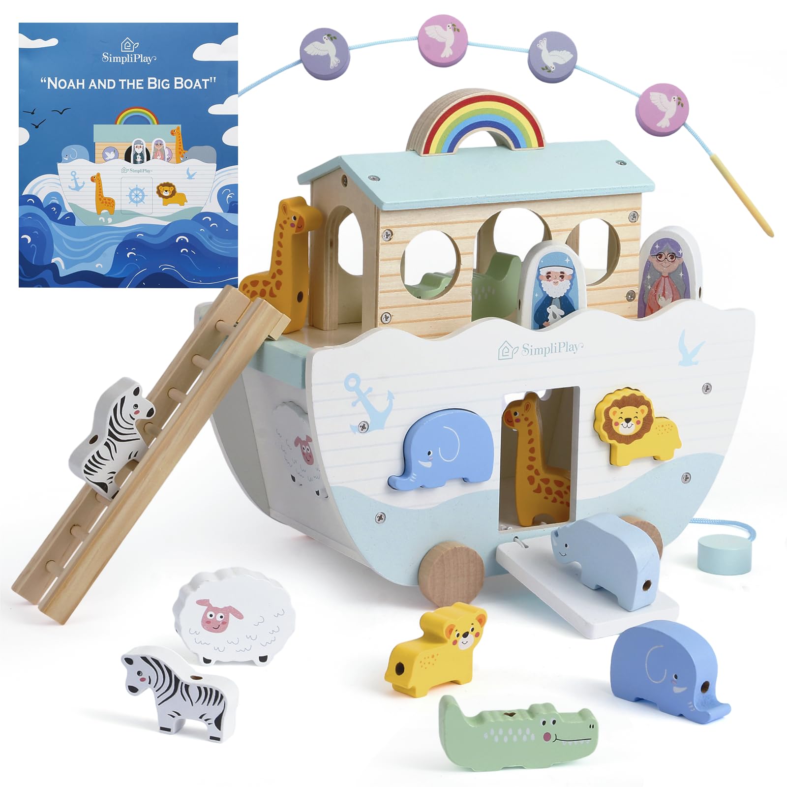 SIMPLIPLAY Wooden Noah's Ark Toy - Toddler Montessori STEM Learning Noahs Ark Toy with Story Book & Wooden Animal Shape Sorter, Christian Toy for Boys Girls Christmas Baptism Gifts