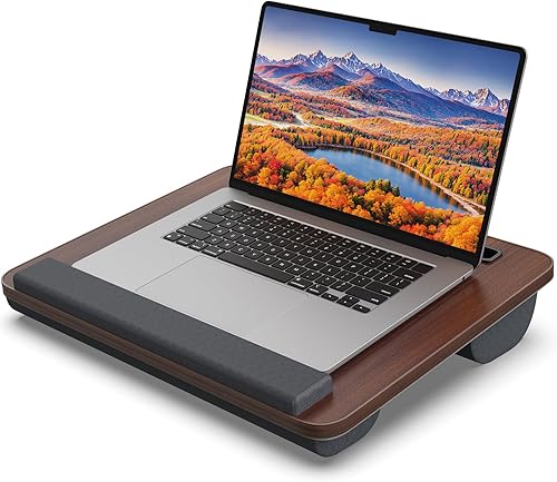 Miniatura 10 de Escritorio de regazo para laptop, escritorio portátil grande para cama, mesa de hasta 17 pulgadas con reposabrazos, alfombrilla de ratón, ranura