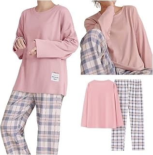 Women's 2 Piece Pajamas Sets Long Sleeve Crewneck Solid Tops Striped Plaid Pants Outfits Lightweight Lounge Sets