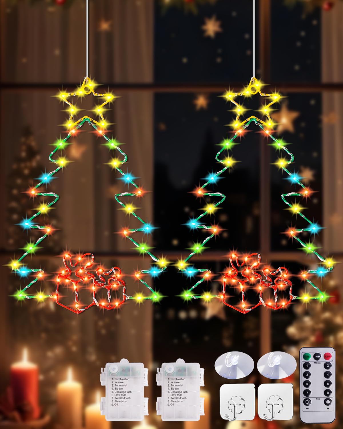 BrightArk Christmas Window Lights, 2PCS Christmas Tree Window Lights Battery Operated, 8 Modes Christmas Silhouette Lights Indoor Outdoor with Timer, Remote Control Hanging Window Xmas Decorations — image 1