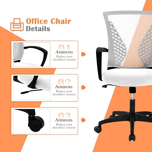 Miniatura 4 de Silla de oficina con respaldo medio, silla ergonómica de malla para computadora con reposabrazos y ruedas, soporte lumbar ajustable, sillas