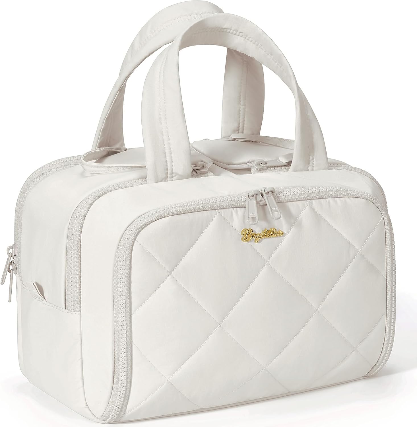 Travel Toiletry Bag, Large Wide-open Puffy Toiletry Bag for Women, Lightweight Quilted Makeup Bag Cosmetic Organizer with Handle Water-resistant Travel Essentials for Toiletries Accessories Beige