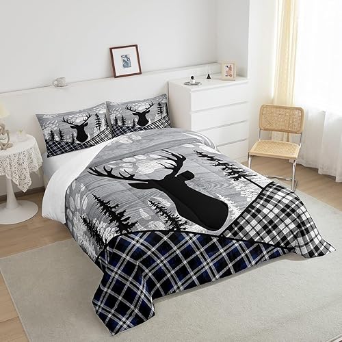 Miniatura 3 de Juego de edredón rústico con diseño de ciervos y ciervos de bosque, tamaño Queen para adolescentes y hombres, juego de ropa de cama de pinos con