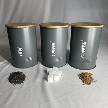 SHIOK DeCOR Tea Sugar Coffee Container Airtight Metal Food Storage Box Canister With Wooden Lid, 900 Ml 6.5 Inch(Color-grey)