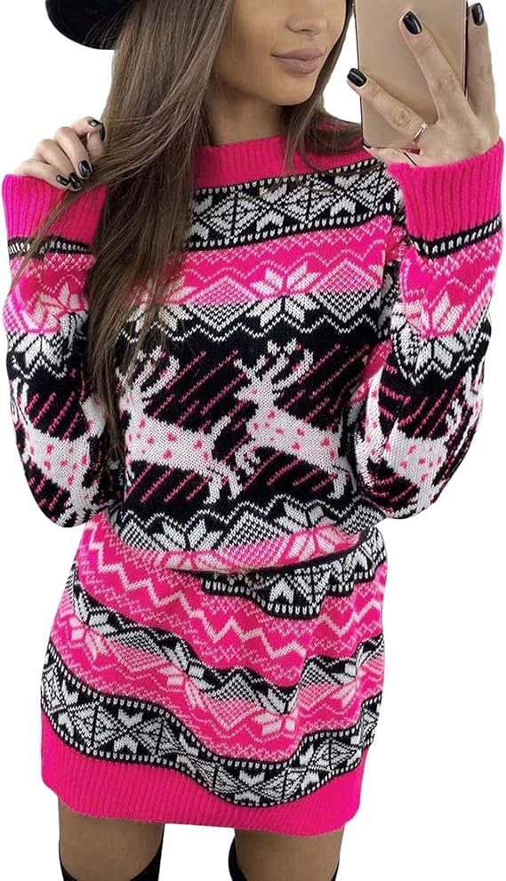 Women Long Sleeve Knit Dress Y2k Christmas Reindeer Snowflakes Sweater
