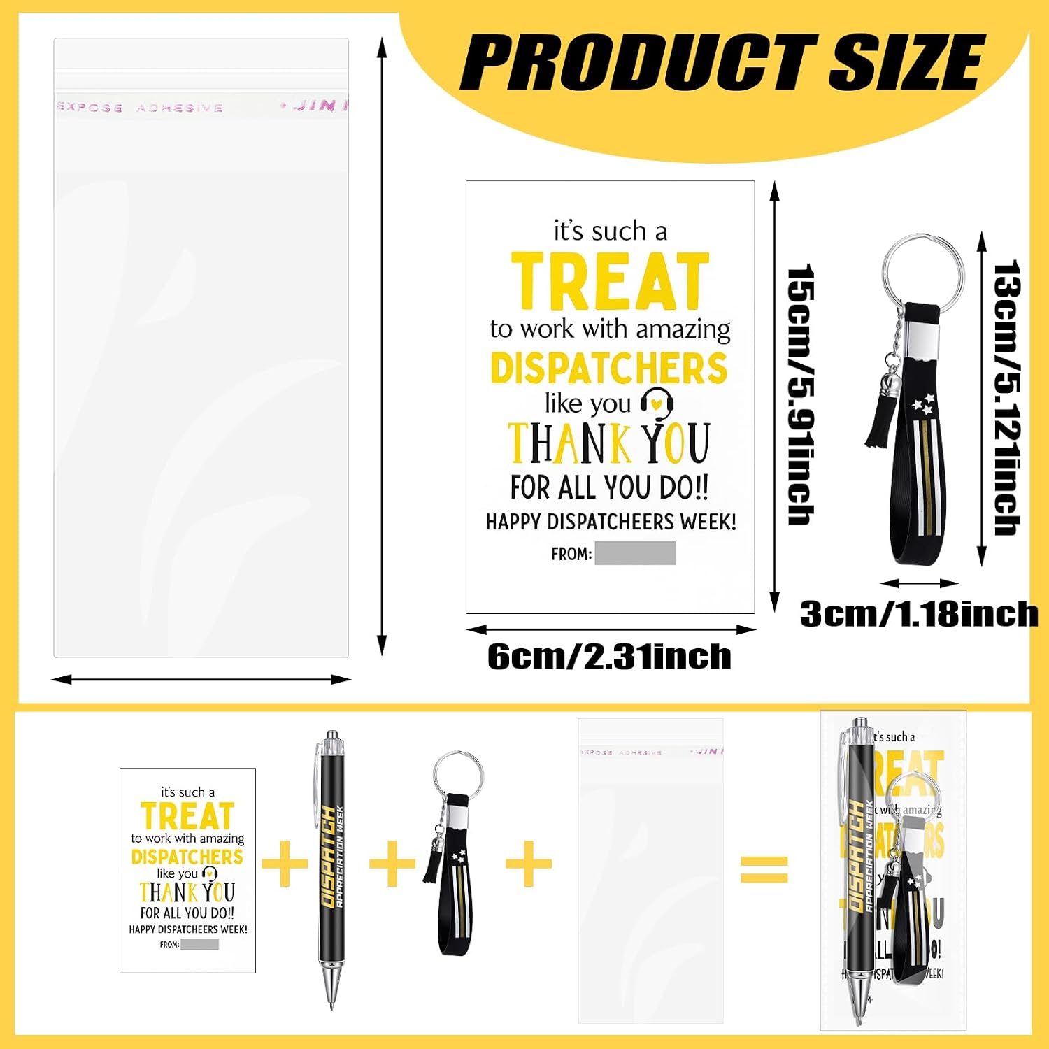 Sayglossy 24 Set 911 Dispatcher Gift Bulk Yellow Flag Ballpoint Pen Keychain Thank You Card Appreciation Accessories for 911 Dispatcher Birthday Gifts