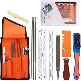 GIAK 11 Pieces Chainsaw Sharpening Files Kit Universal Chainsaw File Set File kit for sharpening saw chains. Includes round file sharpening guides depth gauge flat file lightweight field bag