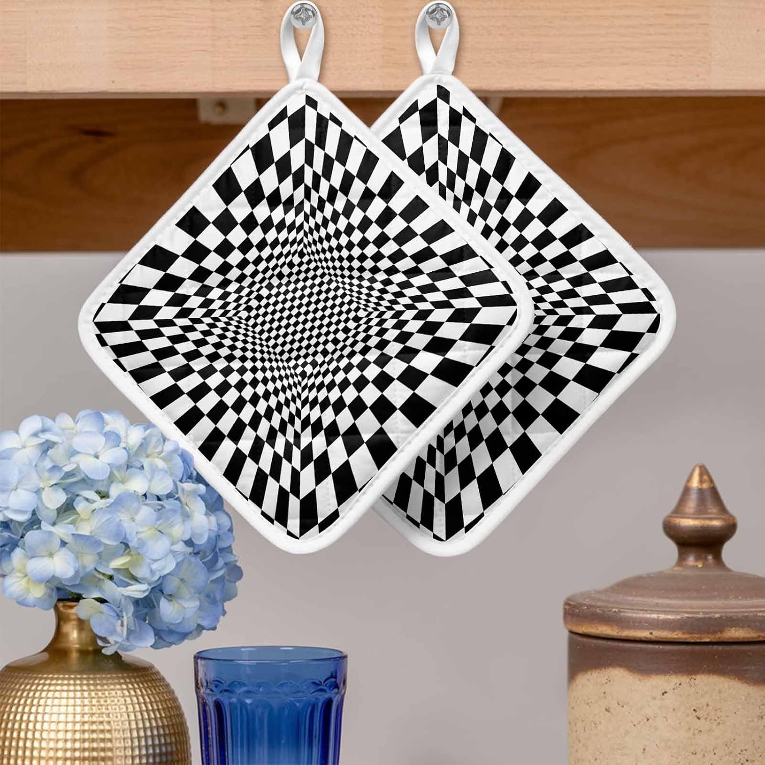 5 Pack Pot Holders for Kitchen, Black White Plaid Hot Pads for Kitchen Countertops Oven Pot Holder Bulk, Modern Abstract Checkered Striped Heat Insulation Potholders with Hanging Loops