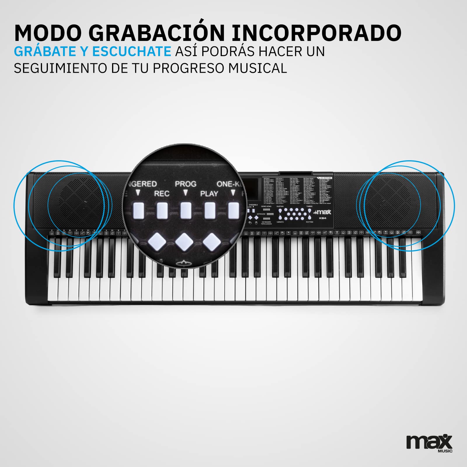 MAX KB4 Teclado Piano 61 teclas, con Pantalla LCD, Función de Grabación, 2 Altavoces Integrados, Salida de Auriculares, Entrada de Micrófono y Audio, Teclado Piano Principiantes o Piano Infantil