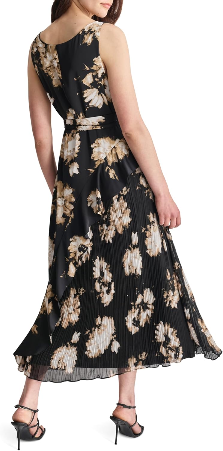 DKNY Womens Sleeveless Cowl Neck Pleated Skirt Midi Dress with Removable Belt - Image 4