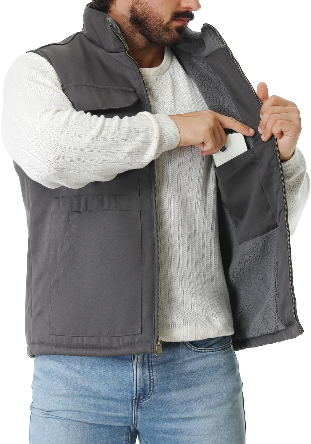 Men's Loose Fit Washed Duck Fleece-Lined Waterproof Workwear Mock-Neck Vest - Image 4