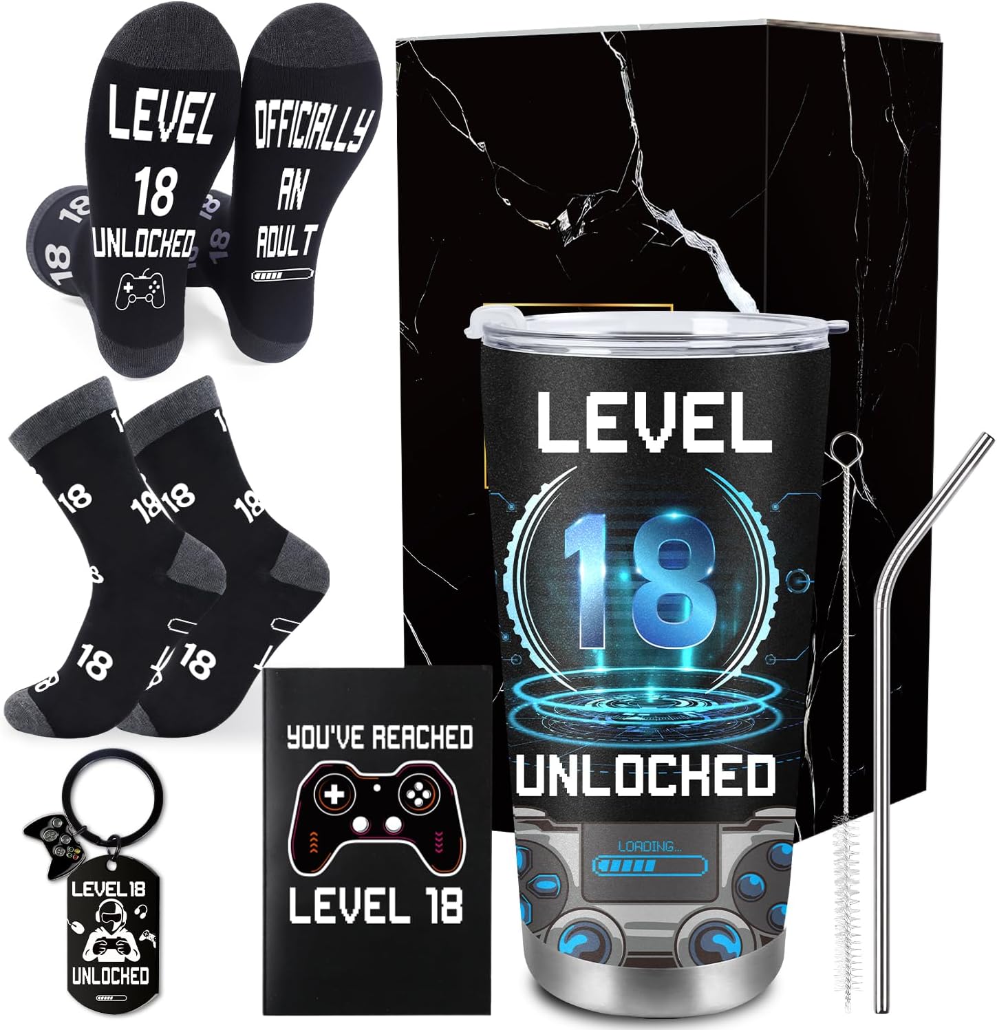 4Pcs 18th Birthday Gifts Set, Cool 18 Year Old Boy Birthday Gift Ideas for Boys Son Grandson Nephew Brother from Mom Dad, Gamer Presents for with 20oz Tumbler Funny Socks Keychain Cards