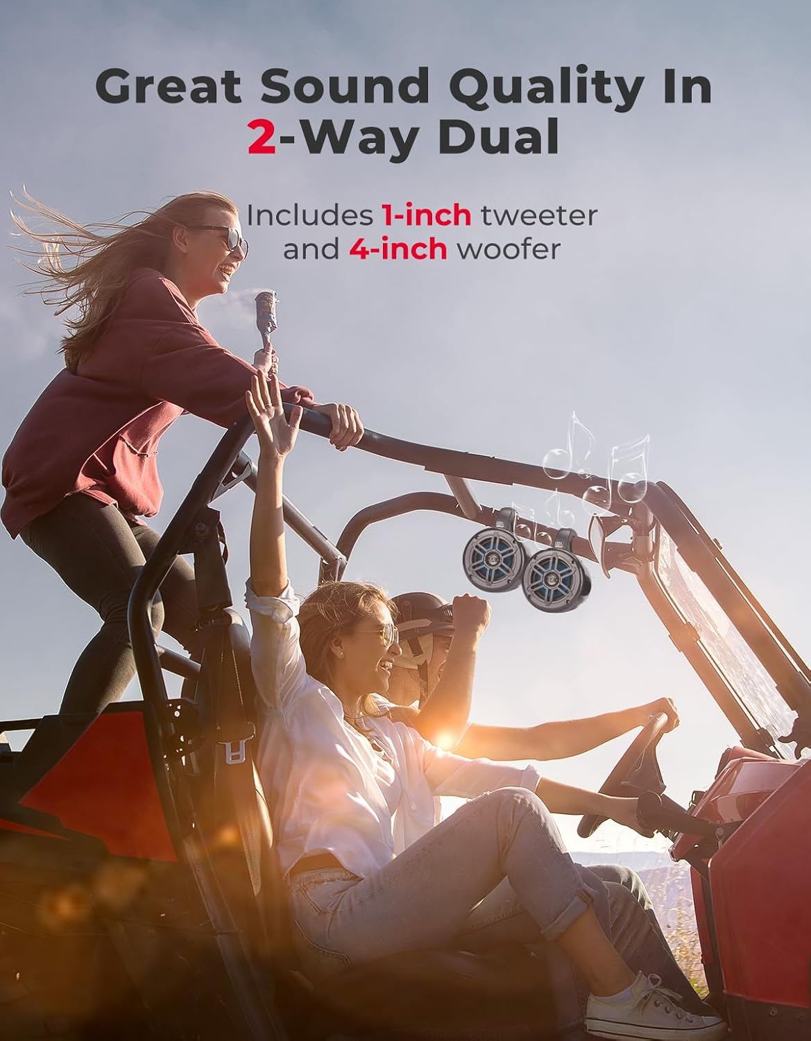 KEMIMOTO ATV UTV Speaker 4 Inch Marine-Grade Tower Speaker, Fit 1.65-2in Roll Bar Sound Stereo System with AMP Compatible with Can-Am, Polaris RZR, Ranger, Kawasaki Artic Cat, Marine, Golf Cart - Image 3