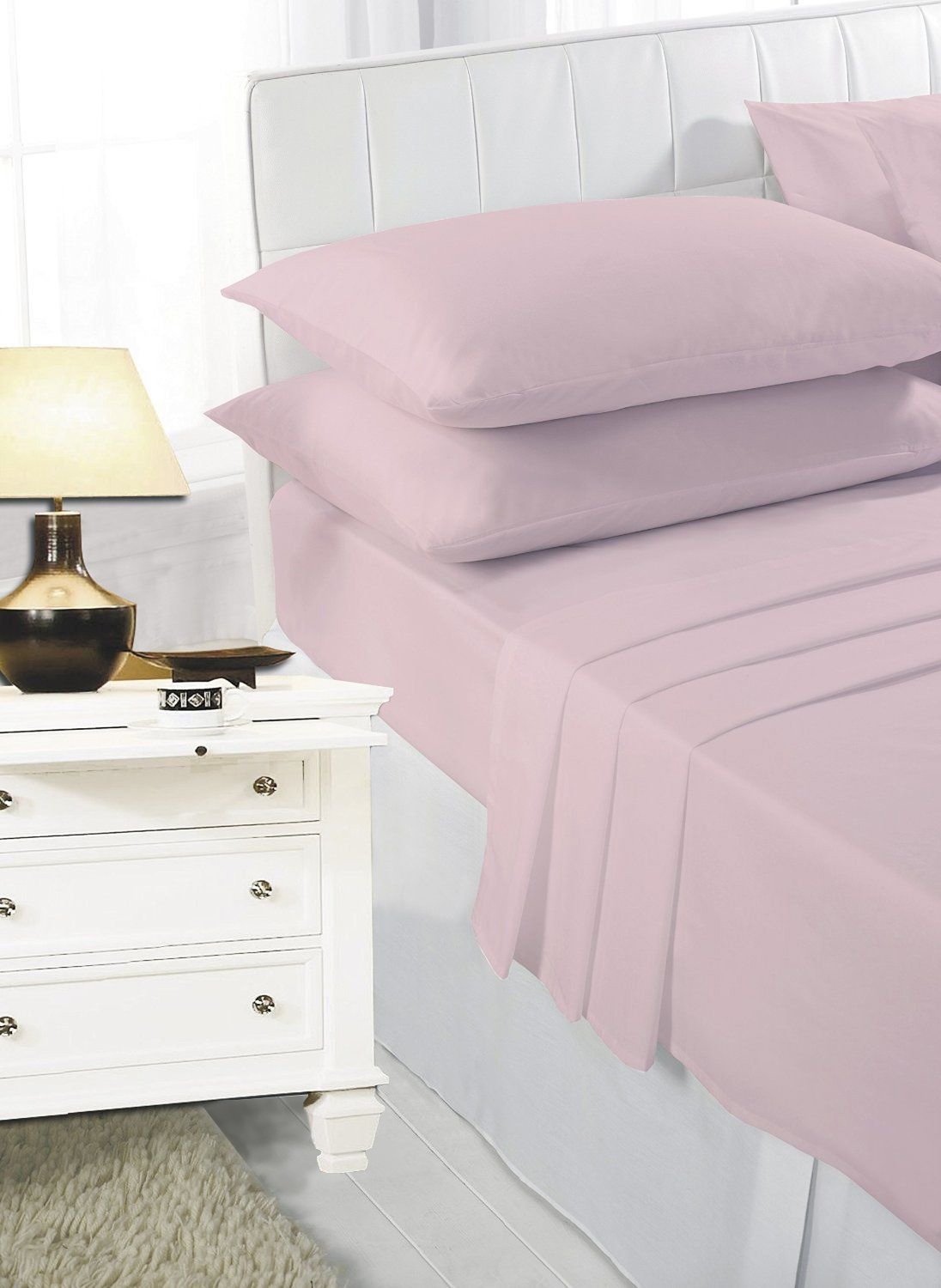 NIGHTZONE Easy Care Percale Poly cotton Sheet Set (Fitted Sheet, Flat Sheet & Pillow Pair Case) (Pink, Single)