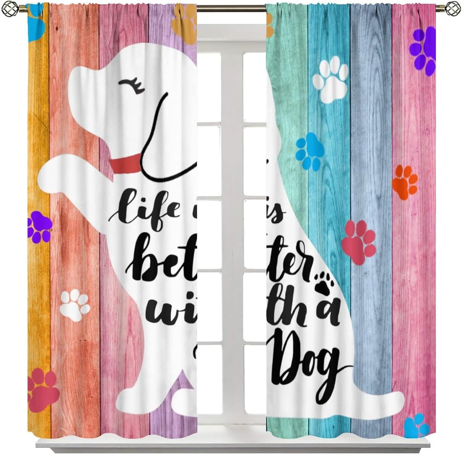 Cute Dog Curtain Kids Funny Animal Colorful Wood Plank Kids Country Lovely Farmhouse Pet Pattern Printed Curtains for Kids Bedroom and Living Room Blackout Curtains W42 * L63 Inches, Style-7