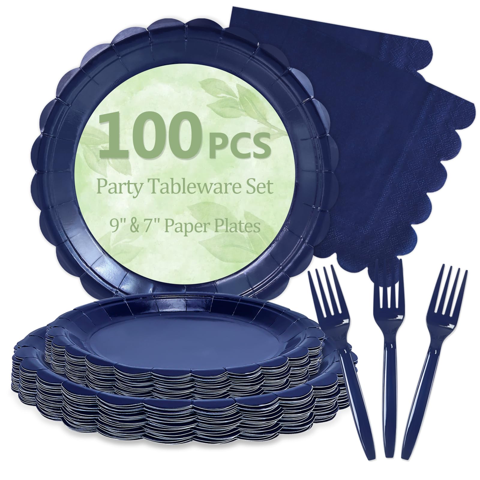 100 Navy Blue Paper Plates and Napkins Disposable for Party, 25-9"&amp;25-7"
