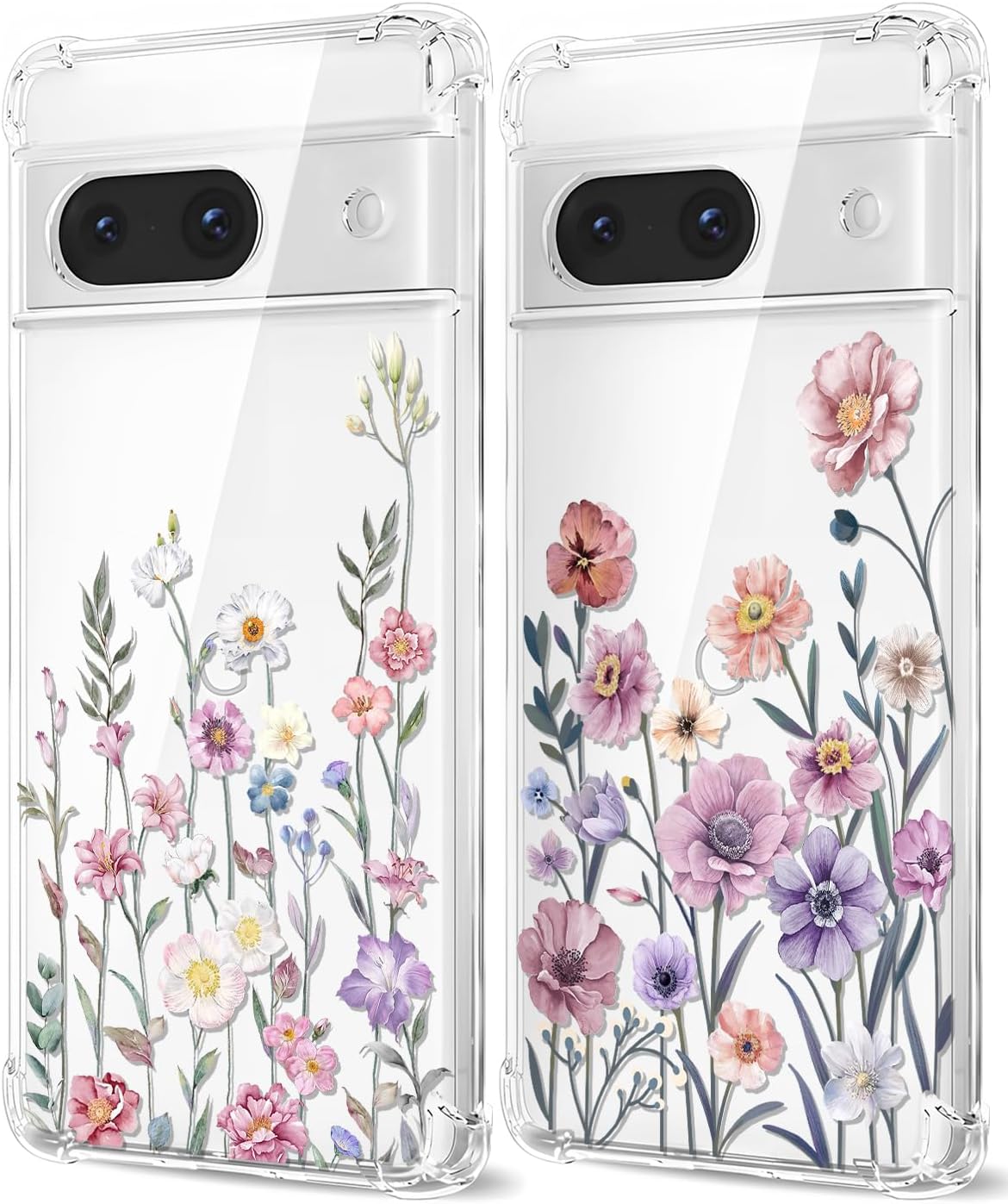 2-Piece Case for Google Pixel 7A, Transparent Phone Case with Flower Pattern, Shockproof Aesthetic Women Girls Soft Silicone Clear TPU Protective Case for Google Pixel 7A