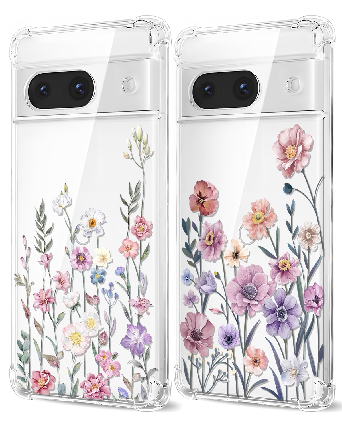 2-Piece Case for Google Pixel 7A, Transparent Phone Case with Flower Pattern, Shockproof Aesthetic Women Girls Soft Silicone Clear TPU Protective Case for Google Pixel 7A