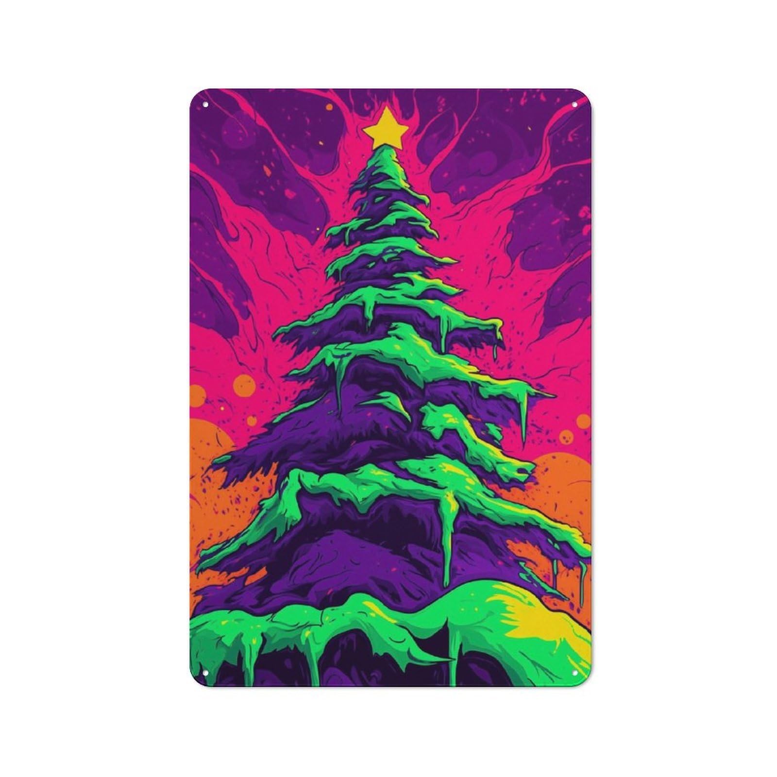 Junmoney Neon Christmas Tree Rustic Tin Sign 30X20cm For Café Or Restaurant, A Decorative Christmas Gift For Hospitality Interior Collectors