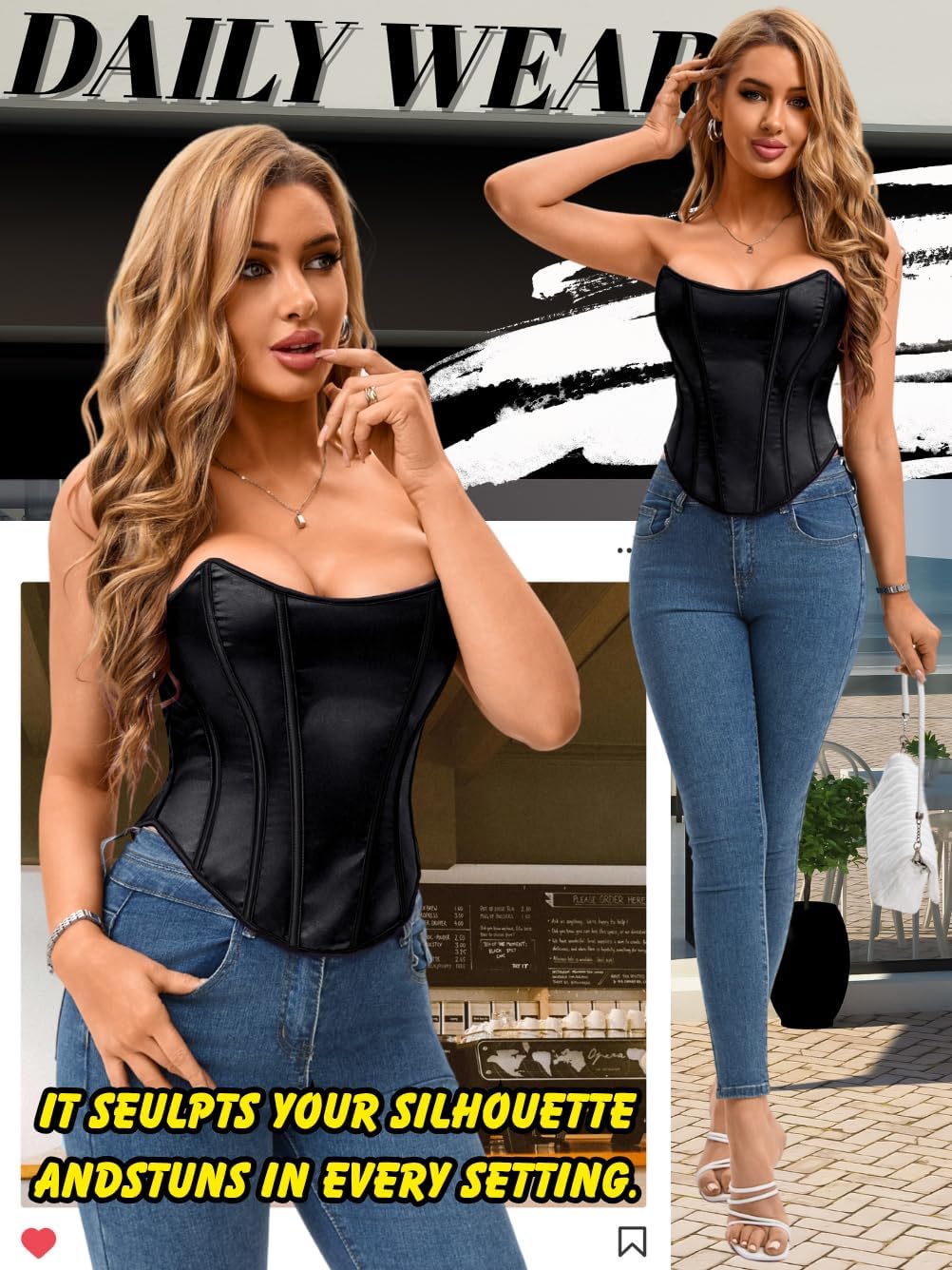 Kaei&Shi Sexy Overbust Strapless Corset Top,16 Boned Shapewear Satin Bustier,00-16 Lace Up For Women