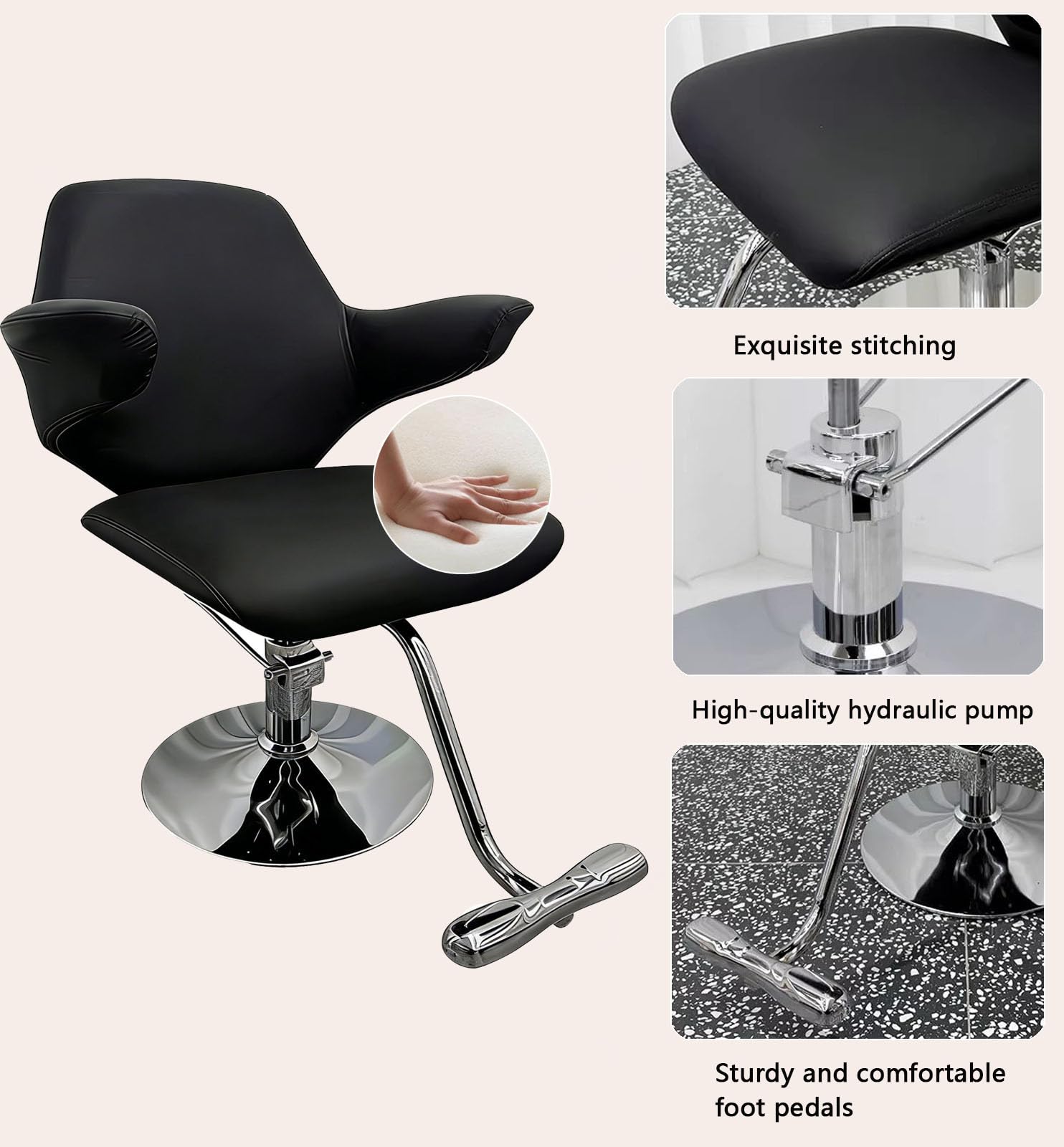 ZTGL Sillón Profesional de Peluquería Moderna Hidráulica, Silla de Salon de Peluquería Giratoria 360° Ajustable en Altura, Cuero PU Premium para Peluquería & SPA en Casa,Stainless Steel Base a4