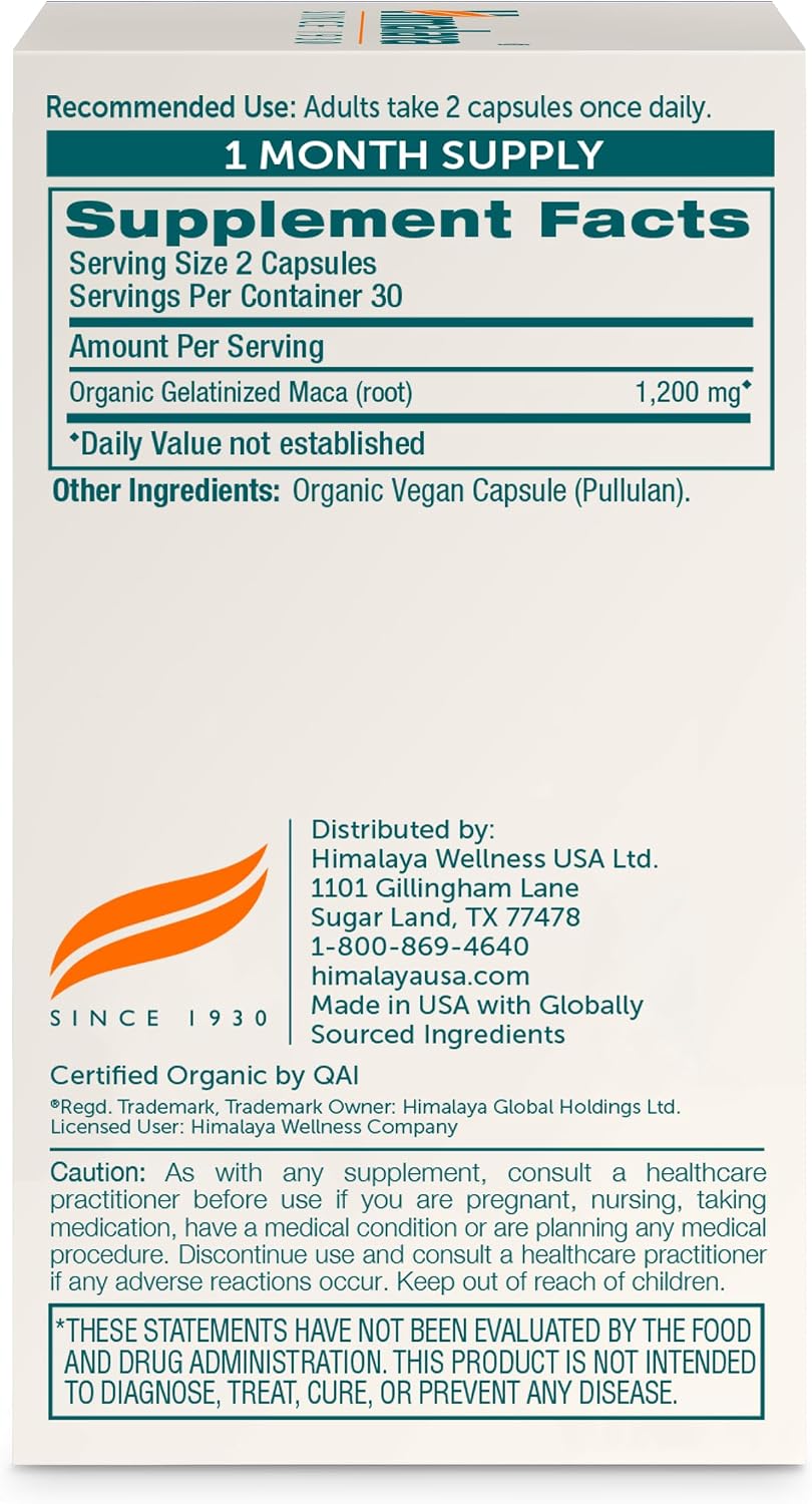 Himalaya Organic Maca Root, for Energy Support and Vitality, 60 Vegetarian Capsules, 1 Month Supply