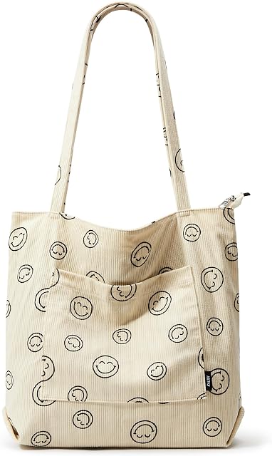 KALIDI Corduroy Tote Bag with Zipper Waterproof Cord Tote Bag for Women with Pockets Compartments Large Capacity Shoulder Bags Handbags for School Work Shopping Travel Daily Use