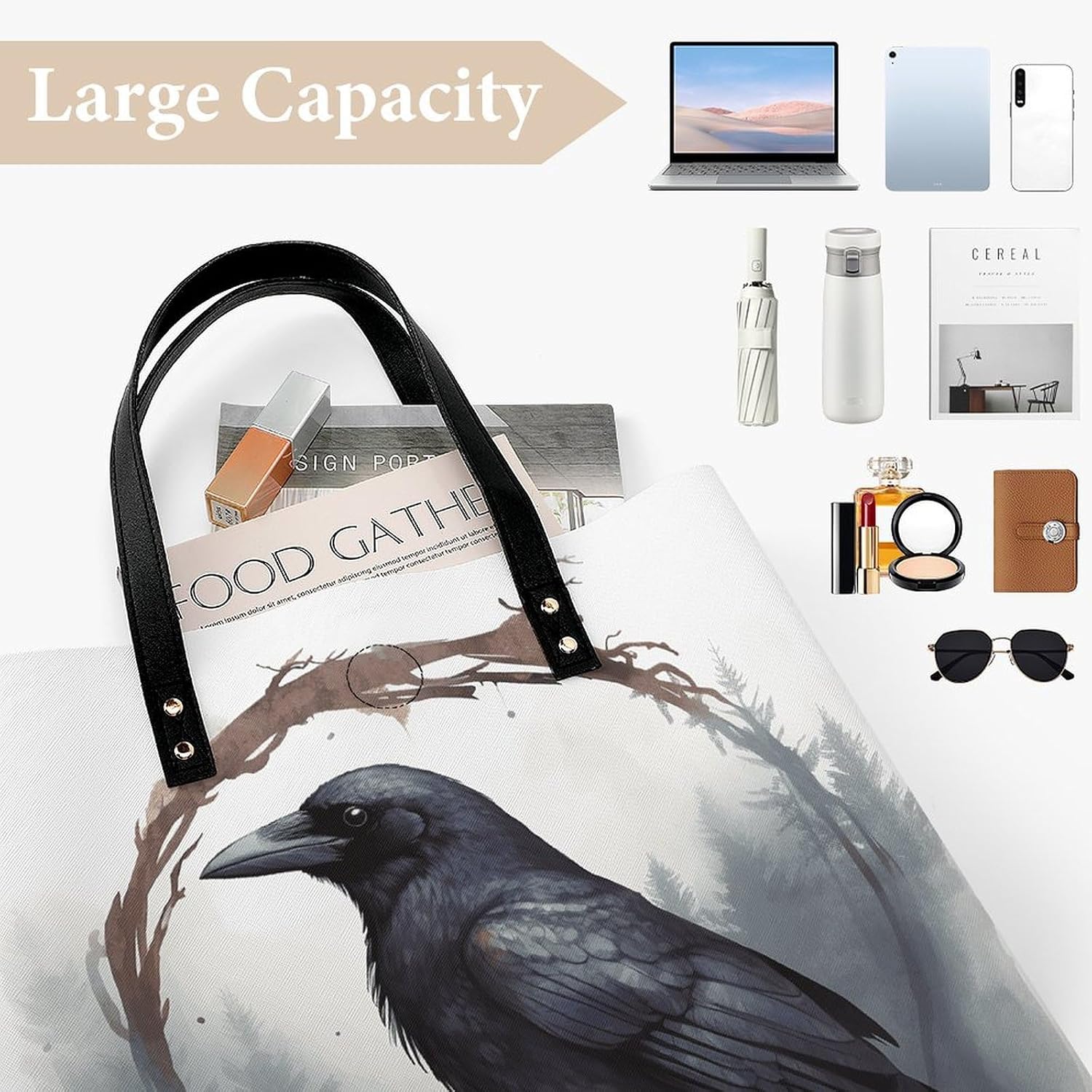 Black Crow Tote Bag with Magnetic Buckle Reusable Grocery Bags Lightweight Cross Body Handbag for Daily Essentials