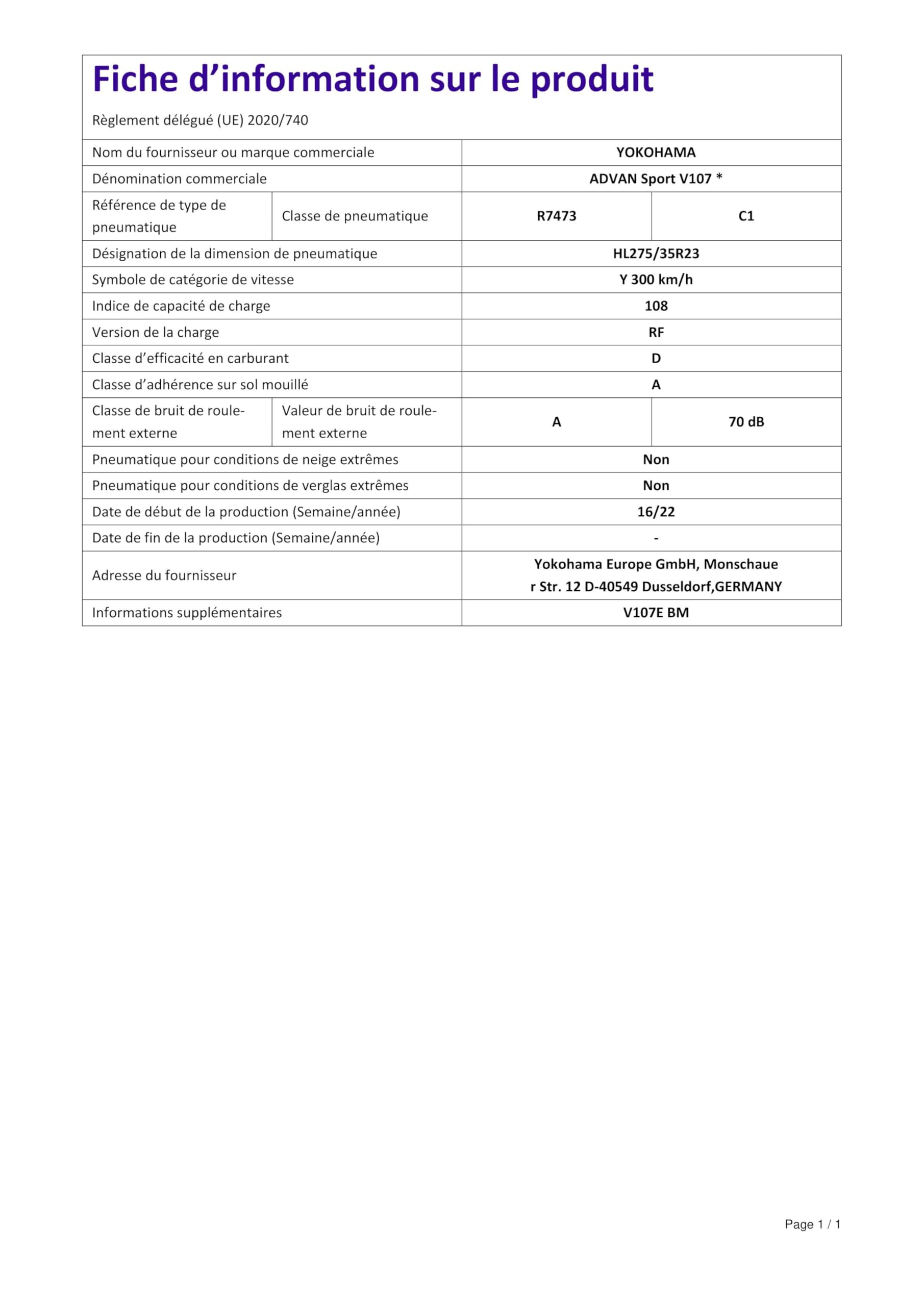 Yokohama 275/35 R23 108Y Advan Sport V107 Xl *(Bmw)-image