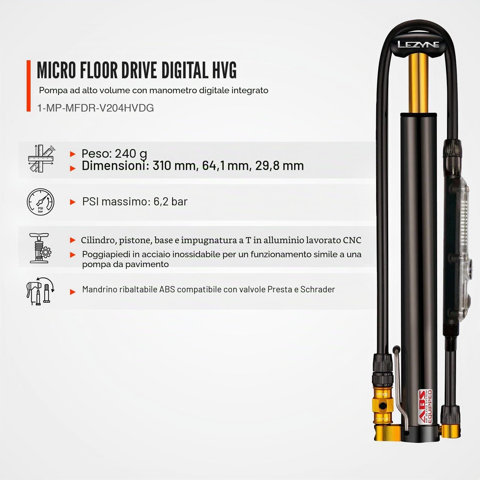Lezyne Pompa compatta Micro Floor Drive DIGITAL HVG