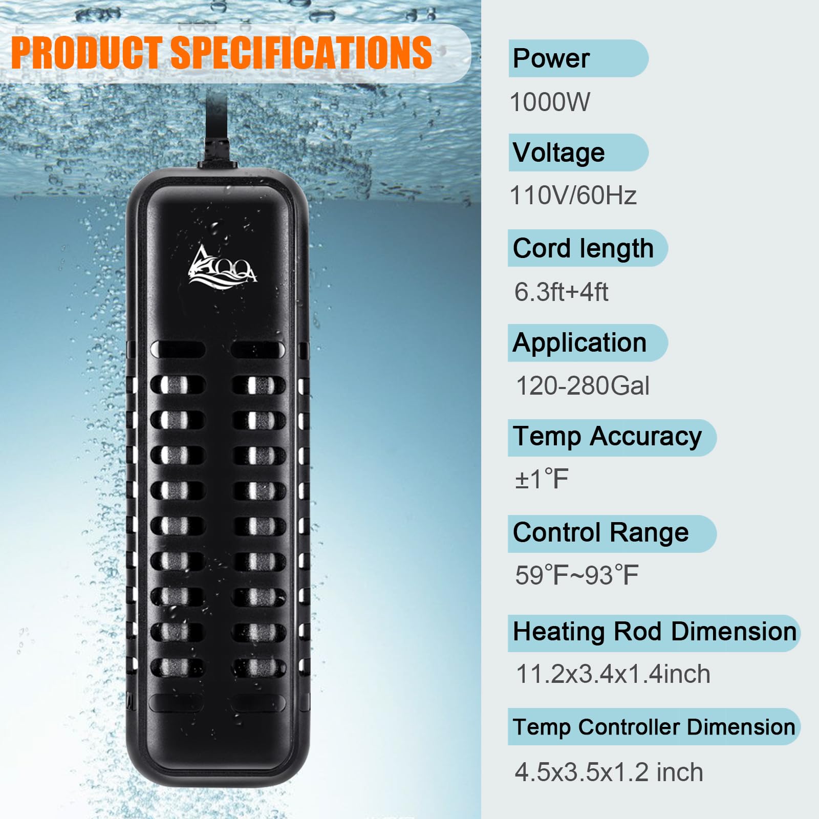 AQQA - Calentador de acuario, calentador de tanque de peces de 1000 W, sumergible Betta para termostato de acuario, calentador de estanque para agua dulce y salada (1000 W para tanque de 120-280