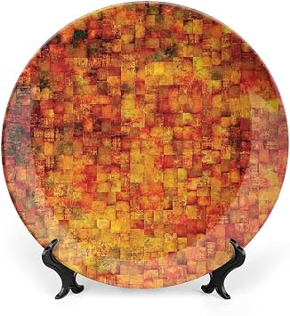 XISUNYA 10 Inch Decorative Plate, Burnt Orange Ceramic, Geometric Mosaic Print, Modern Style, Reusable, Microwave & Dishwasher Safe Occasions