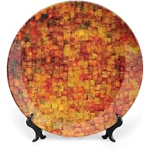 XISUNYA 10 Inch Decorative Plate, Burnt Orange Ceramic, Geometric Mosaic Print, Modern Style, Reusable, Microwave & Dishwasher Safe Occasions
