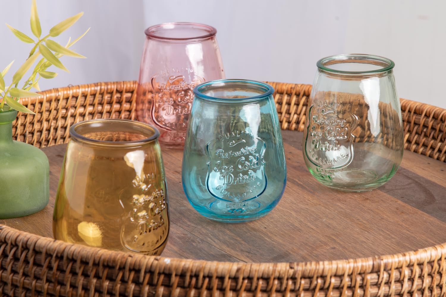 Amazon.com | Glaver's Stemless Wine Glasses Set of 4  21oz Assorted  Colored Wine Tumblers Unique Embossed Logo, Vintage Cute Wine Glasses for,  Beer, Juice, Cocktails, Fresh Drinks, Beverages, and more.: Highball Glasses