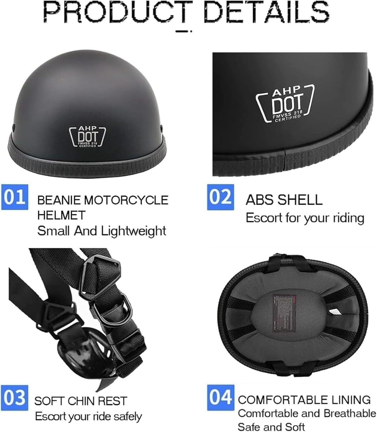 Lightweight Open Face Motorcycle Half Shell DOT Approved German Style Skull Cap Beanie Helmet,Summer Low Profile Riding Retro Helmets for Adult Men and Women